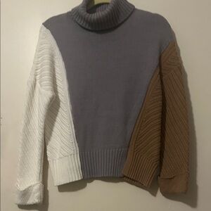 Tri-Color Block Chunky Knit Turtleneck Pullover